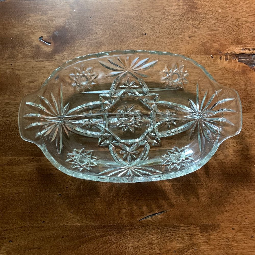 Vintage Cut Glass Star Pattern Divided Relish Dish
